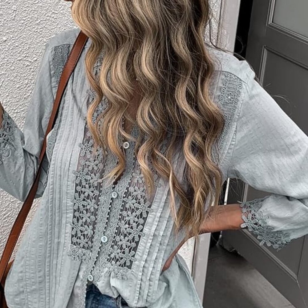 New Bohemian Grey Lace 3/4 Sleeve Button Front Floral Romantic Blouse Top